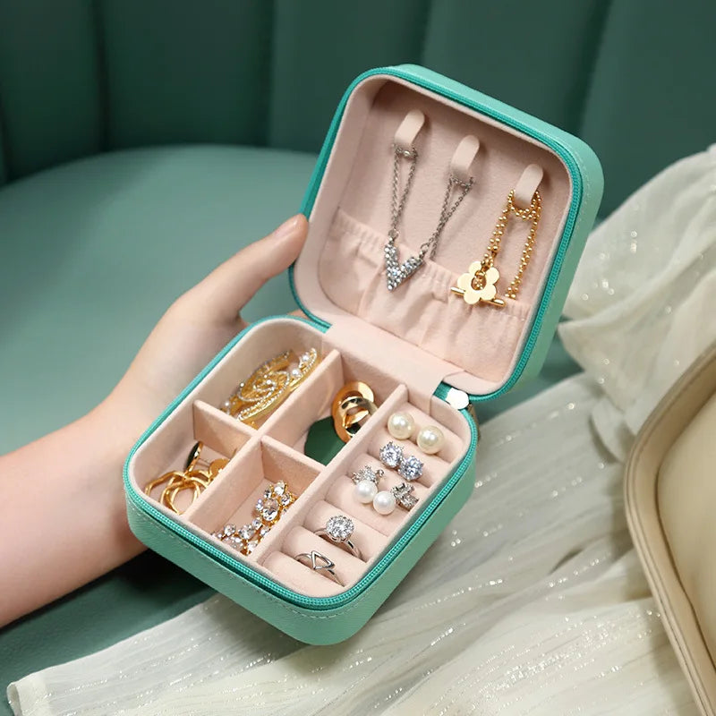 boîte bijoux simili cuir fermeture glissière moderne colliers boucles d'oreilles bagues bracelets vert rose