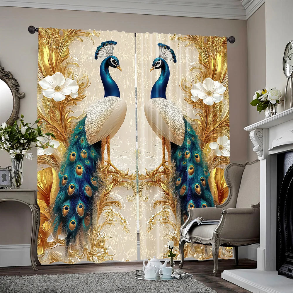 rideau classique oiseaux bleu blanc doré semi opaque polyester anneaux noirs decoration mur interieur