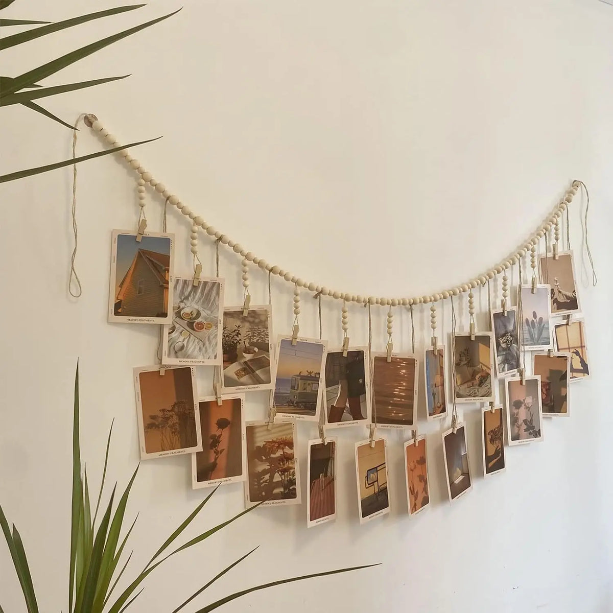 cadre mural photos bois boho rustique clips beige blanc simple geometric