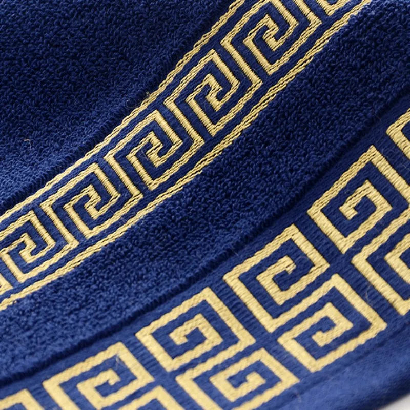 serviettes bain coton brodées géométriques bleu marine marron blanc absorbantes machine