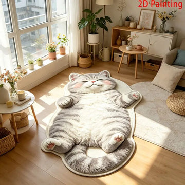 tapis sol doux motif chat allongé gris blanc moderne chambre salon entrée maison