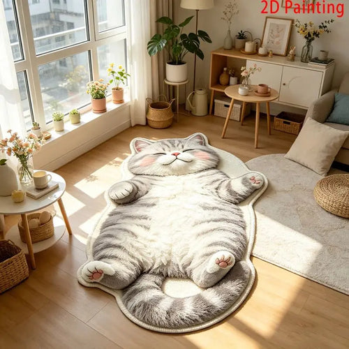 tapis sol doux motif chat allongé gris blanc moderne chambre salon entrée maison
