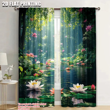 rideau polyester paysage forêt fleurs lotus moderne opacité vert blanc rose