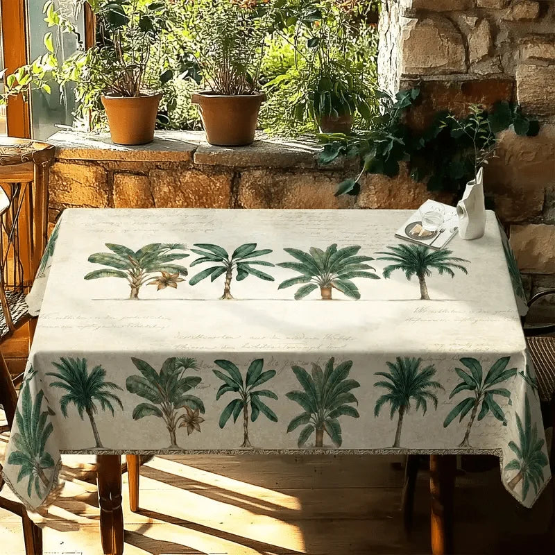 nappe rectangulaire palmiers stylisés beige clair vert foncé classique rustique réutilisable polyester maison table