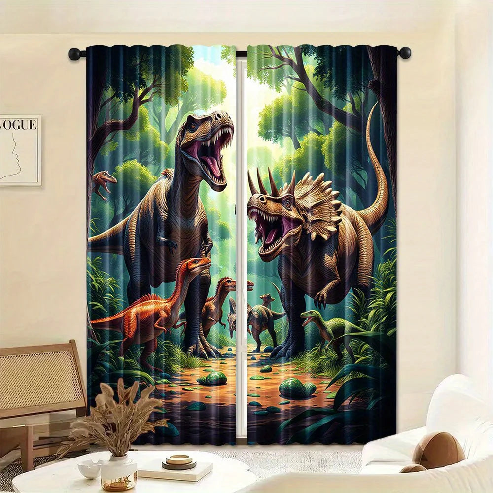 rideau imprimé dinosaures forêt moderne noir vert beige orange jaune pièces