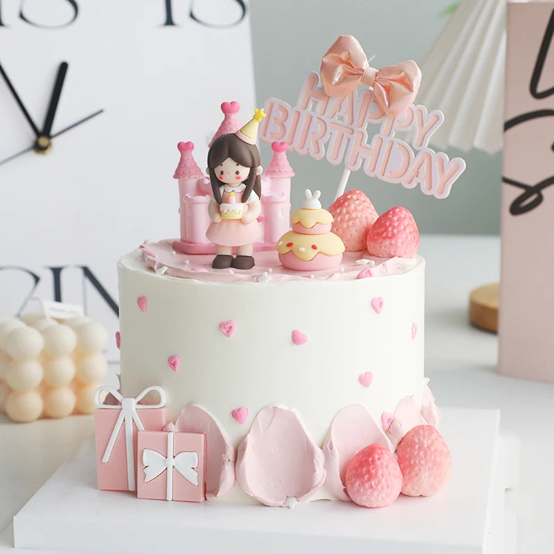 décoration gâteau anniversaire fille château coeurs figurines festives blanc rose