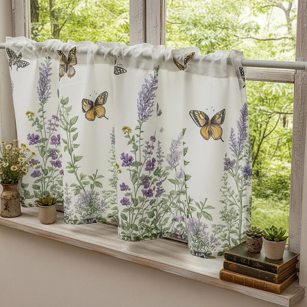 rideau floral papillon polyester semi transparent romantique naturel cuisine blanc violet vert rose bleu