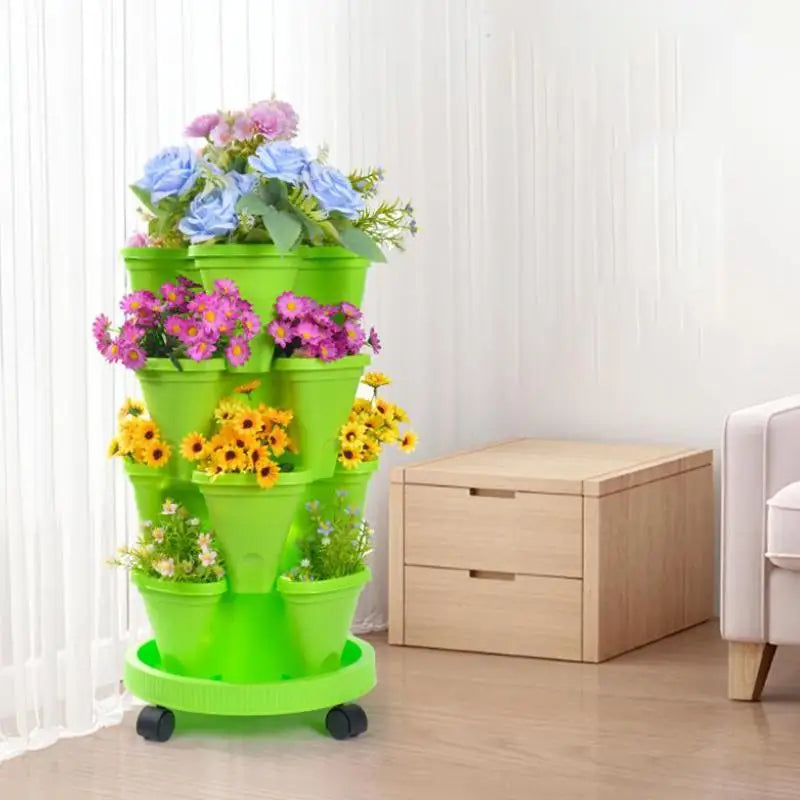 jardinière verticale empilable pots fleurs coniques roulettes mobiles moderne pratique