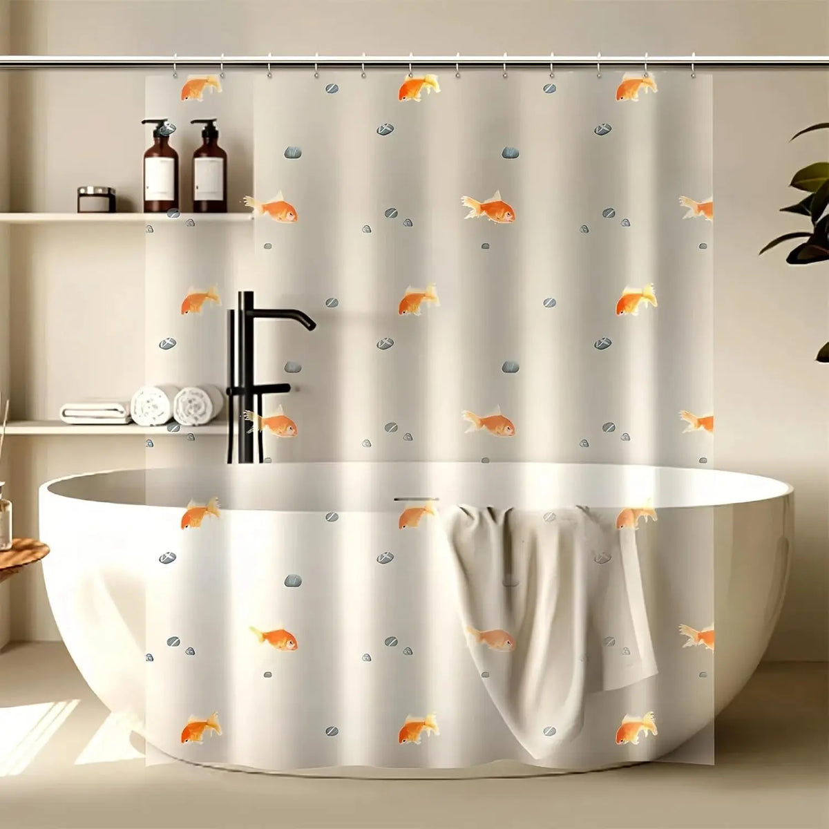 rideau douche transparent poissons dorés coquillages moderne bleu orange blanc gris 12 piques plastique