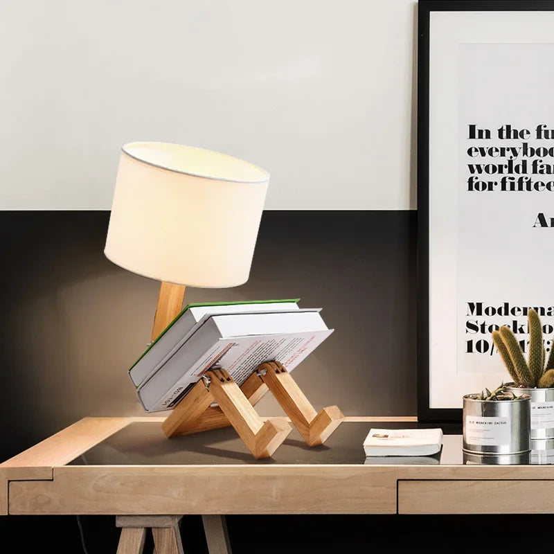 lampe table bois naturel tissu beige moderne minimaliste led ajustable chambre
