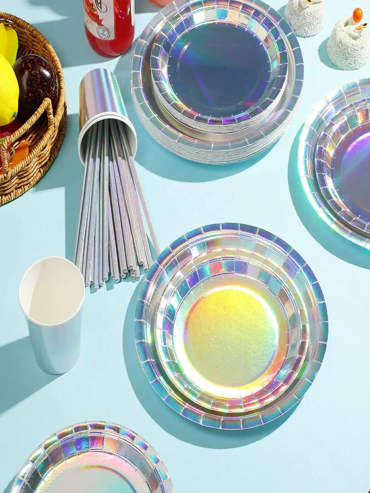 assiettes papier holographiques serviettes festives arc ciel anniversaire mariage noël fêtes enfants avril chinois