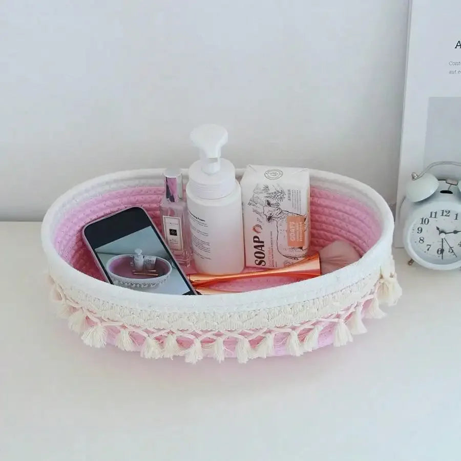 panier rangement tissu coton blanc franges boho chic savon parfum téléphone bougie
