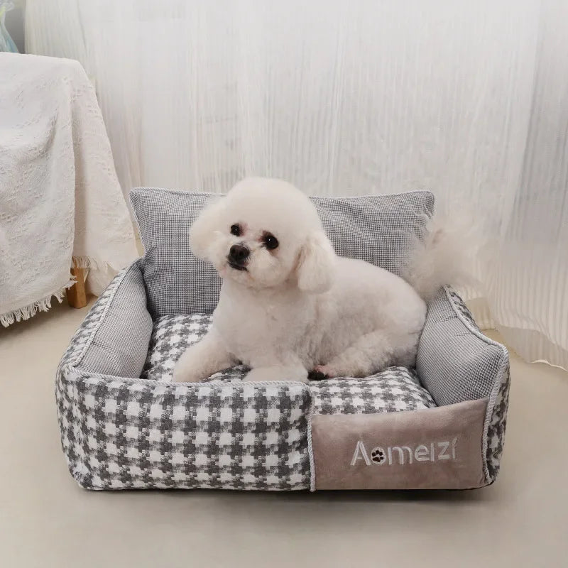 lit chien matelas double épaisseur tissu doux motif carreaux gris beige confortable lavable