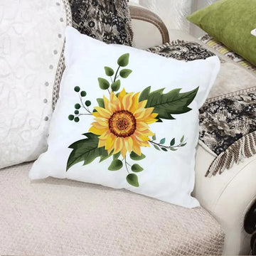 coussin carré blanc motif tournesol fleurs jaunes décoration salon chambre lit moderne textile polyester