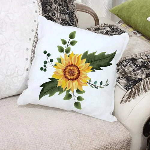 coussin carré blanc motif tournesol fleurs jaunes décoration salon chambre lit moderne textile polyester