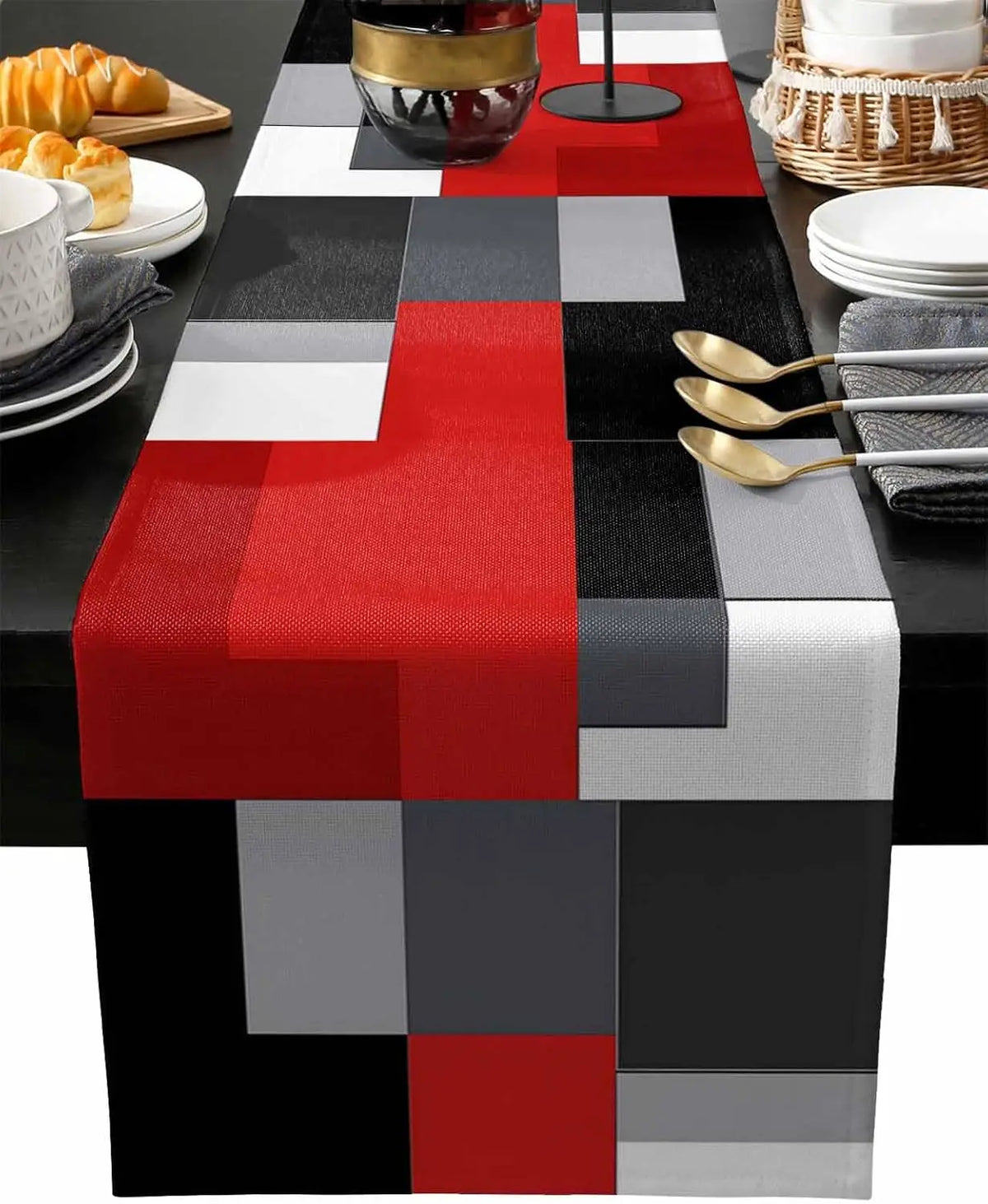nappe géométrique rouge noir lin moderne table manger cuisine assiettes couverts