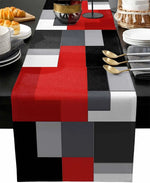 nappe géométrique rouge noir lin moderne table manger cuisine assiettes couverts