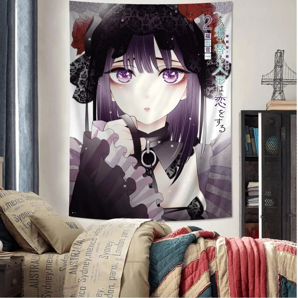 tapisserie murale animes illustrations femmes motifs floraux violet noir blanc polyester rectangle