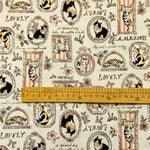 tissu imprimé chats cadres fleurs vintage romantique beige noir orange rose blanc