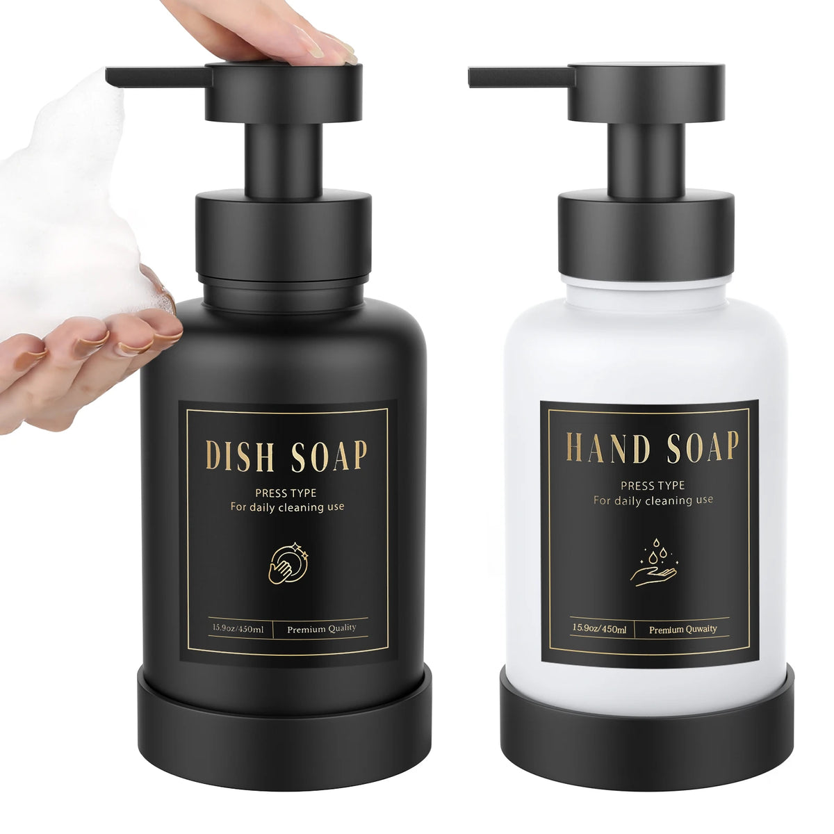 distributeur savon liquide noir bleu clair moderne minimaliste transparent pompe pression étiquette noire texte