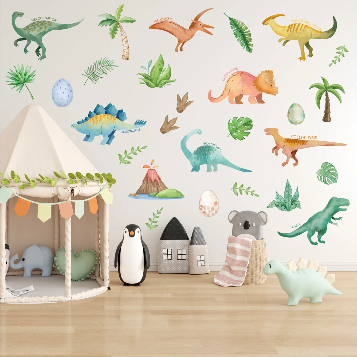 Stickers muraux animaux dinosaures feuilles palmiers motifs géométriques adhésifs decoration chambre enfants salon bébé