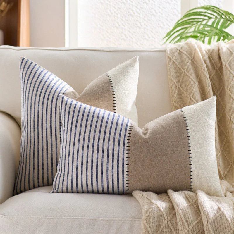 housse coussin décorative rustique rayures horizontales beige bleu marine rose clair polyester