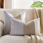housse coussin décorative rustique rayures horizontales beige bleu marine rose clair polyester