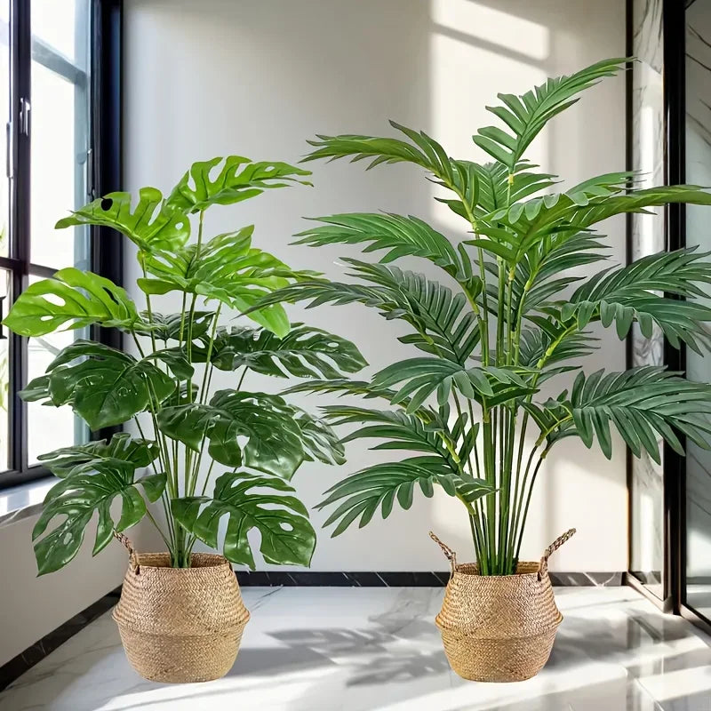 plantes artificielles monstera palmier feuilles vertes pots tressés extérieur intérieur