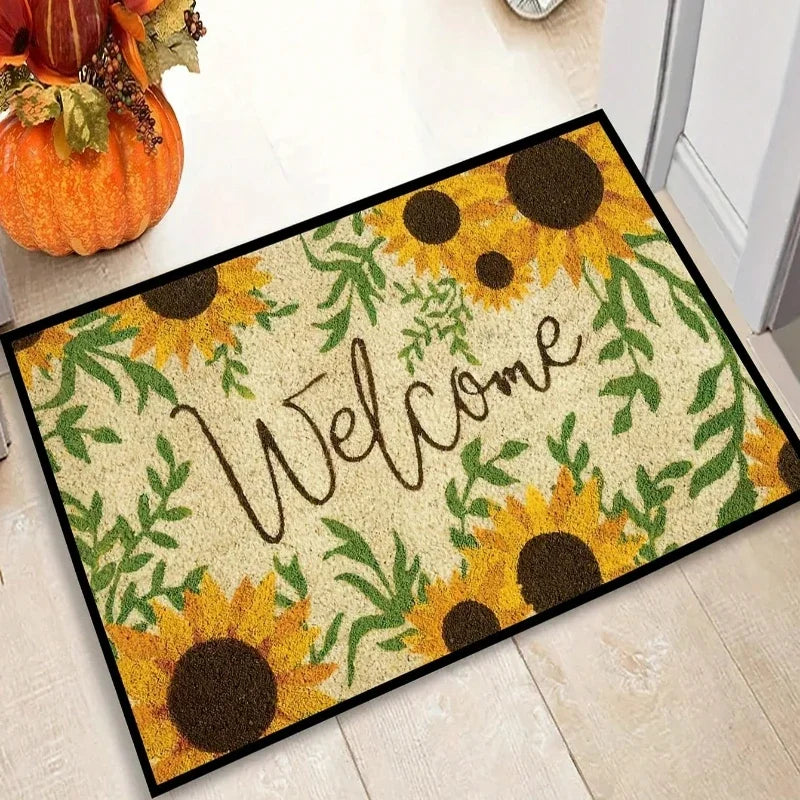 tapis d'entrée multicolore fleurs papillons texte hello moderne antidérapant extérieur 40x60cm