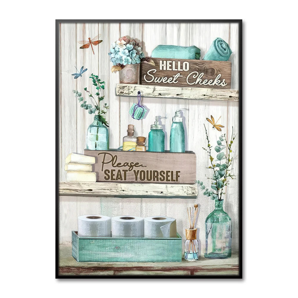 toile d'art rustique vintage bouteilles serviettes fleurs blanc bleu clair beige vert clair mural