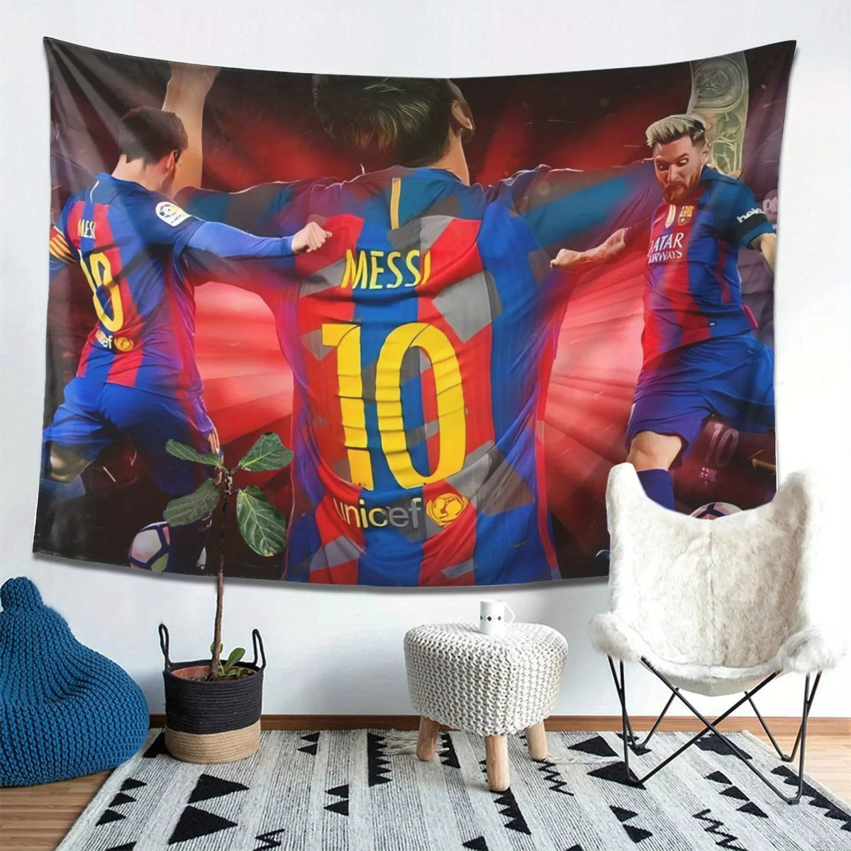 tapisserie moderne football bleu rouge jaune fc barcelone messi célébration unicef décoration intérieure sportive