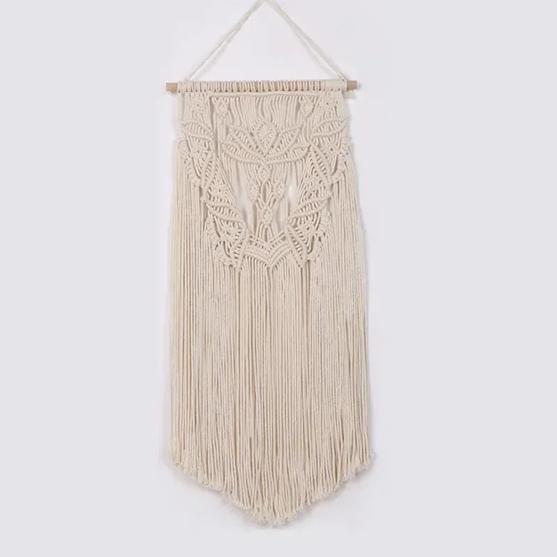 tapisserie macramé boho chic beige motifs géométriques franges moderne suspension maison
