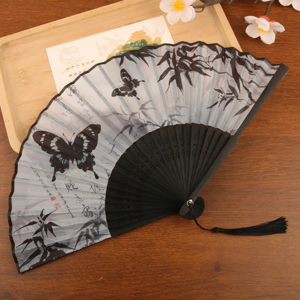éventail pliant traditionnel papillons bambou fleurs tassel noir blanc gris