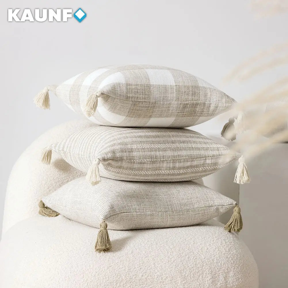 housses coussins carreaux beige blanc rustique 30x50cm 45x45cm décor canapé lit chaise voiture