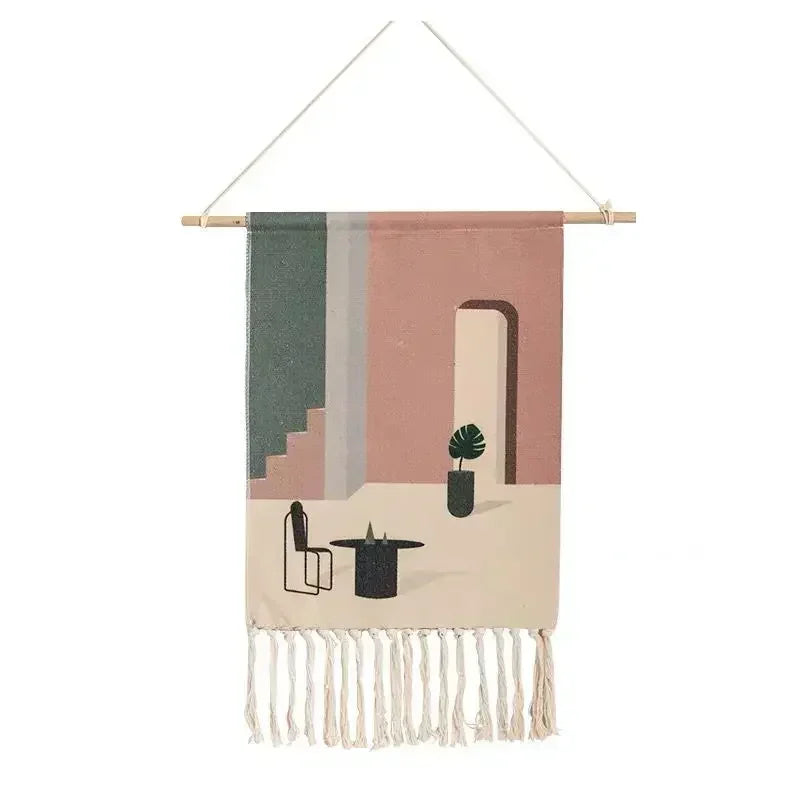 tapis suspendus géométrique franges moderne beige rose bleu vert noir gris