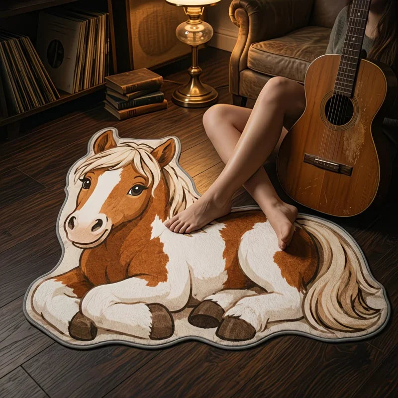 tapis décoratif salon chambre motif cheval floral beige marron blanc doux antidérapant intérieur maison