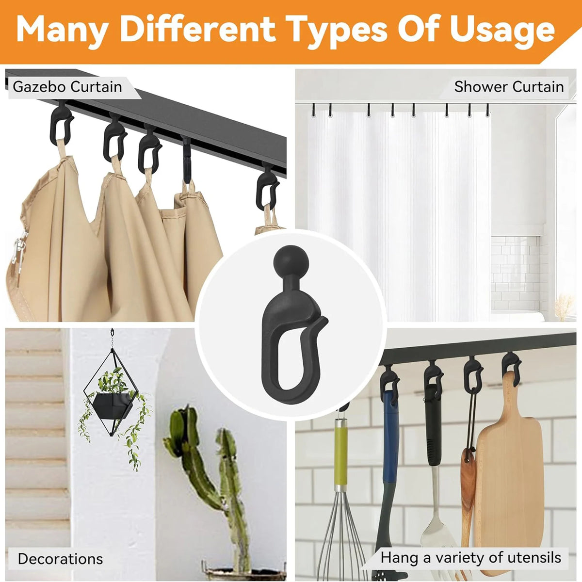 crochets suspension noirs modernes rideaux salle bains jardins clips transparents accessoires auvents