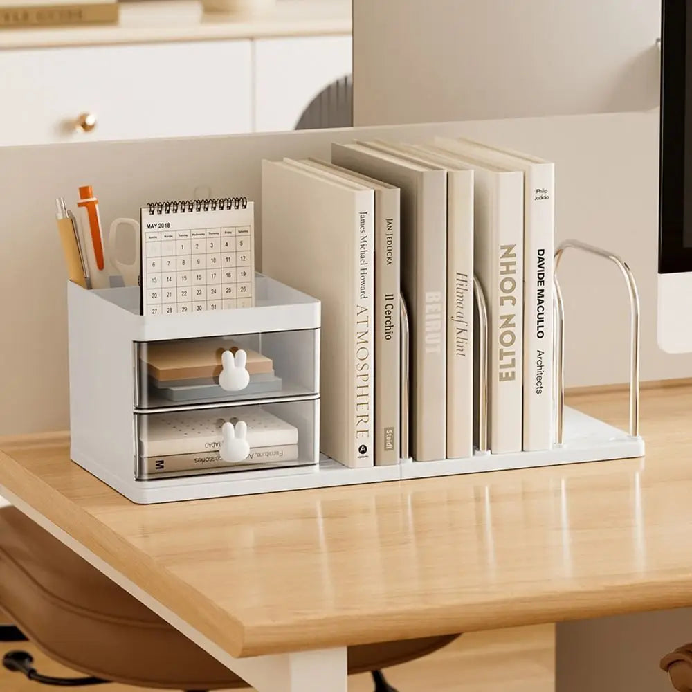 support livres transparent moderne tiroirs poignées lapin blanc grille métal chromé
