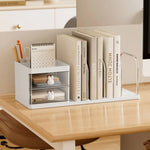 support livres transparent moderne tiroirs poignées lapin blanc grille métal chromé