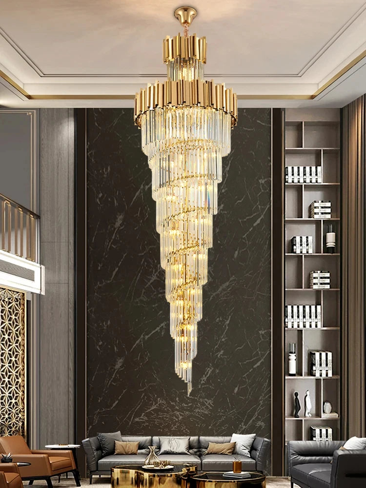 lustre suspendu cristal doré moderne grand éclairage luxe salon hall géométrique élégant