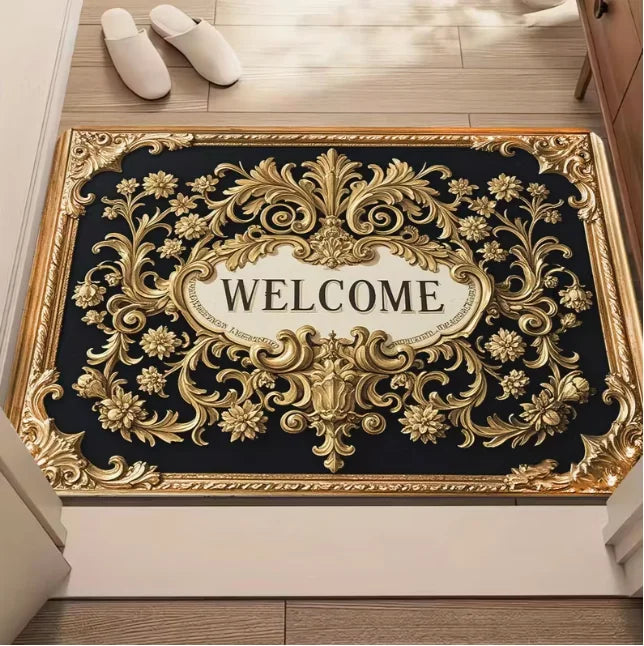 tapis d'entrée élégant classique ornements floraux dorés antibactérien antidérapant 30x50cm 40x60cm