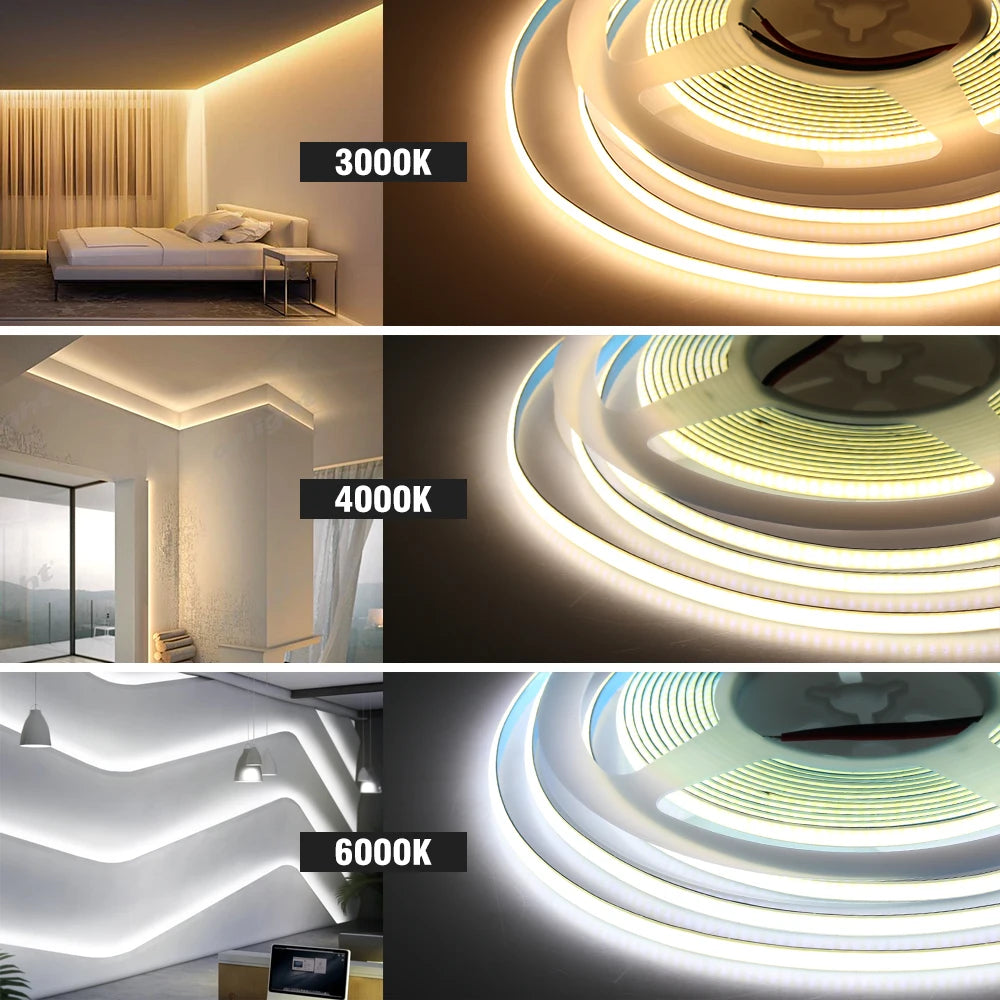 ruban led cob blanc 3mm 5mm 12v 24v lisse moderne connecteurs 5mètres rouleau