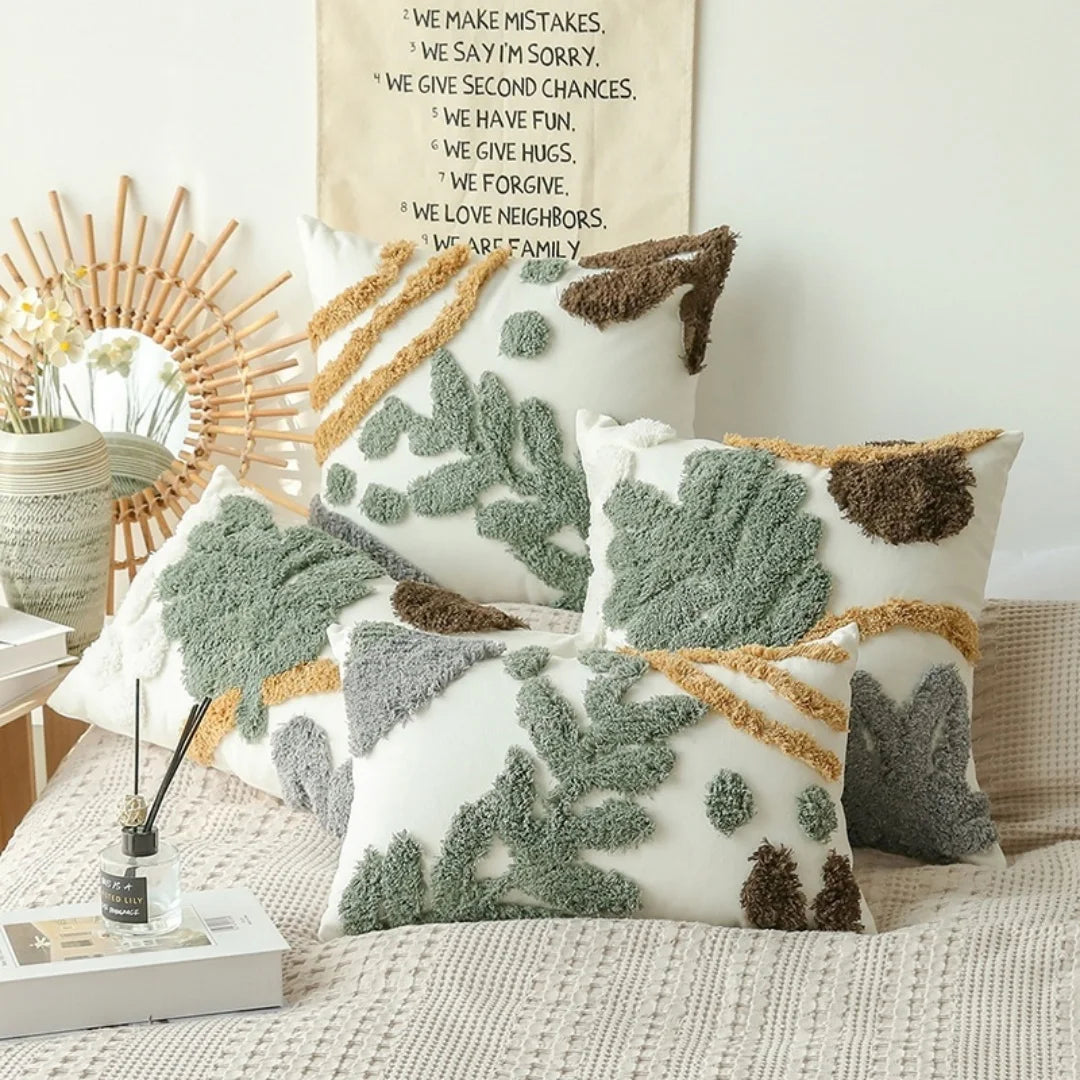 housse coussin décoratif feuilles brodées polyester coton blanc vert marron gris 30x50cm 45x45cm salon