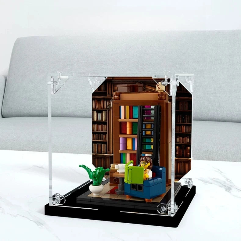 boîte rangement transparente miniature bibliothèque marron livres meubles détaillée clips vert bleu blanc