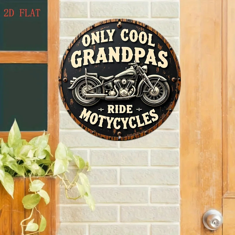 décoration murale plaque métal moto vintage texte humoristique cool grandpas ride opacité totale.texture boisée