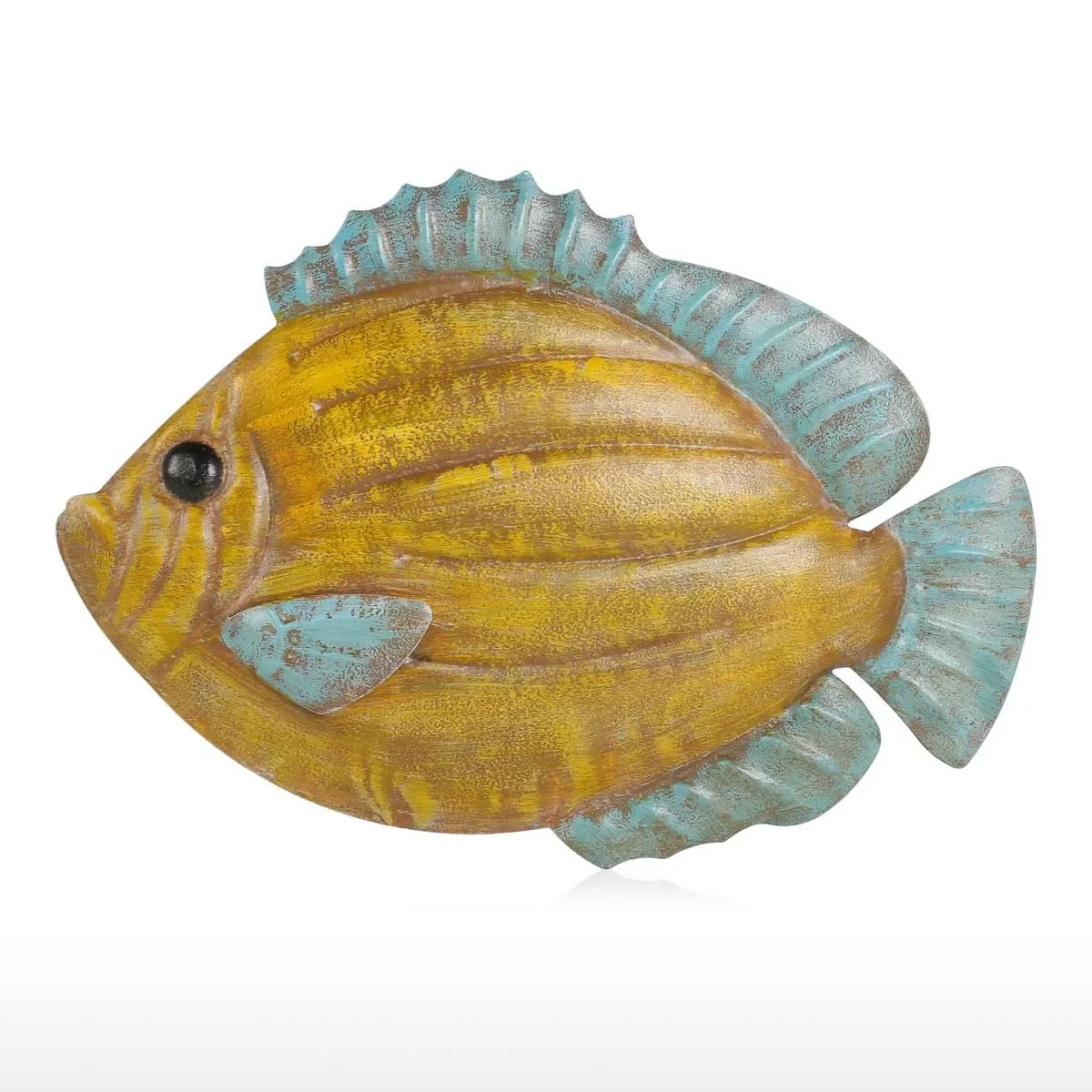 sculpture poisson métal bleu blanc jaune artisanal décoratif mur opacité