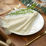 serviette coton beige rose blanc tissage fin bordures frangées rustique naturel