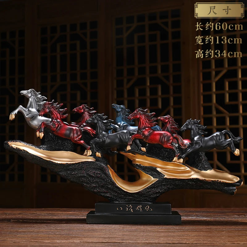 ornements sculptés chevaux résine artisanal chinois couleurs dorées rouges noires modernes