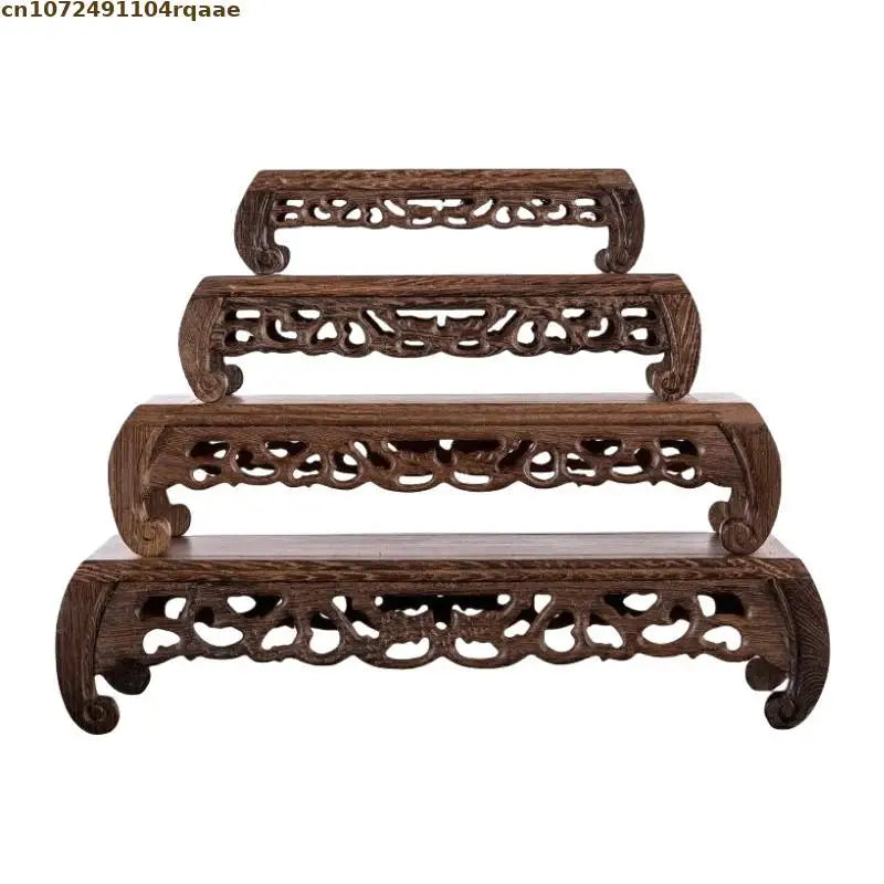 support plantes bois sculpté artisanal marron décoration jardin traditionnelle stand fleurs pots miniatures