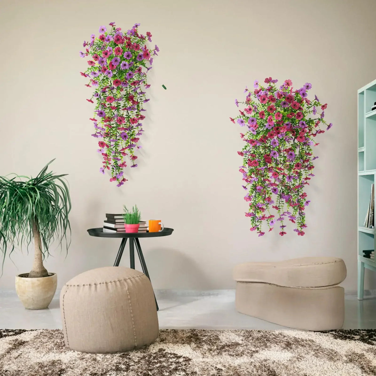 décoration extérieure plante artificielle suspendue fleurs marguerites violettes feuilles vertesbranches flexibles moderne